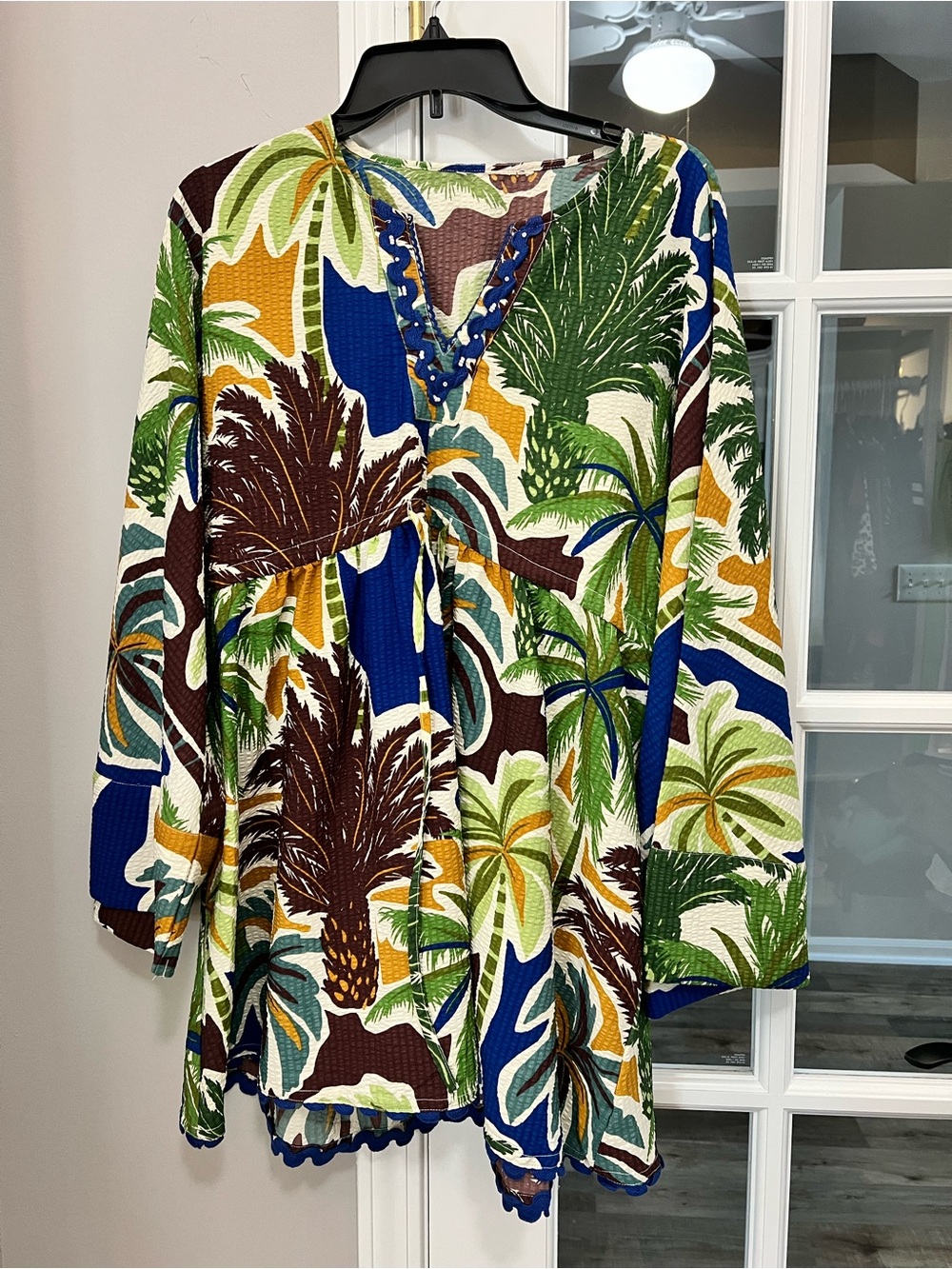 Tropical Palm Print Casual Tunic Dress in Blue, Green & Brown